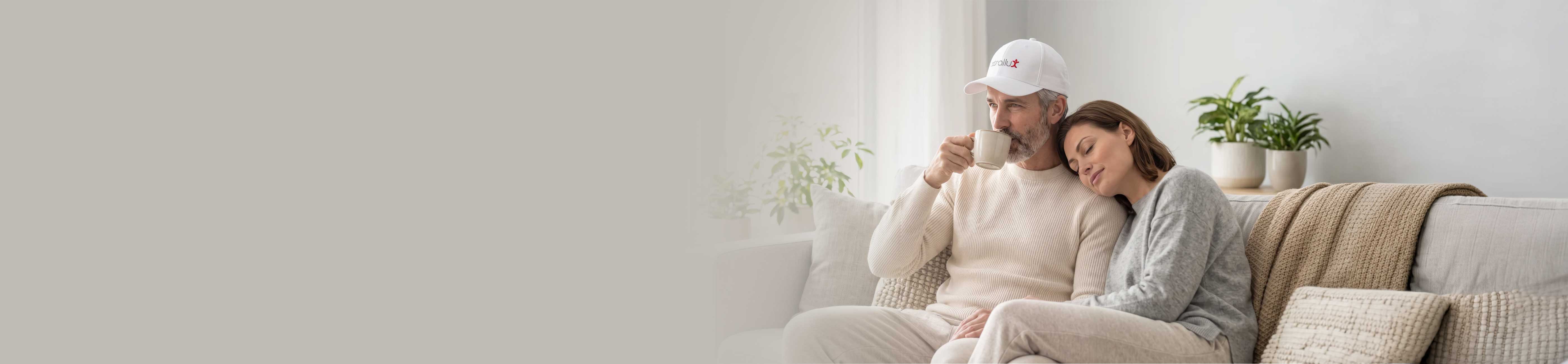 A man and a woman relax on a light beige sofa in a bright living room. The man wears a Xtrallux Device for hair regrowth and cream sweater while holding a mug, and the woman rests her head on his shoulder.