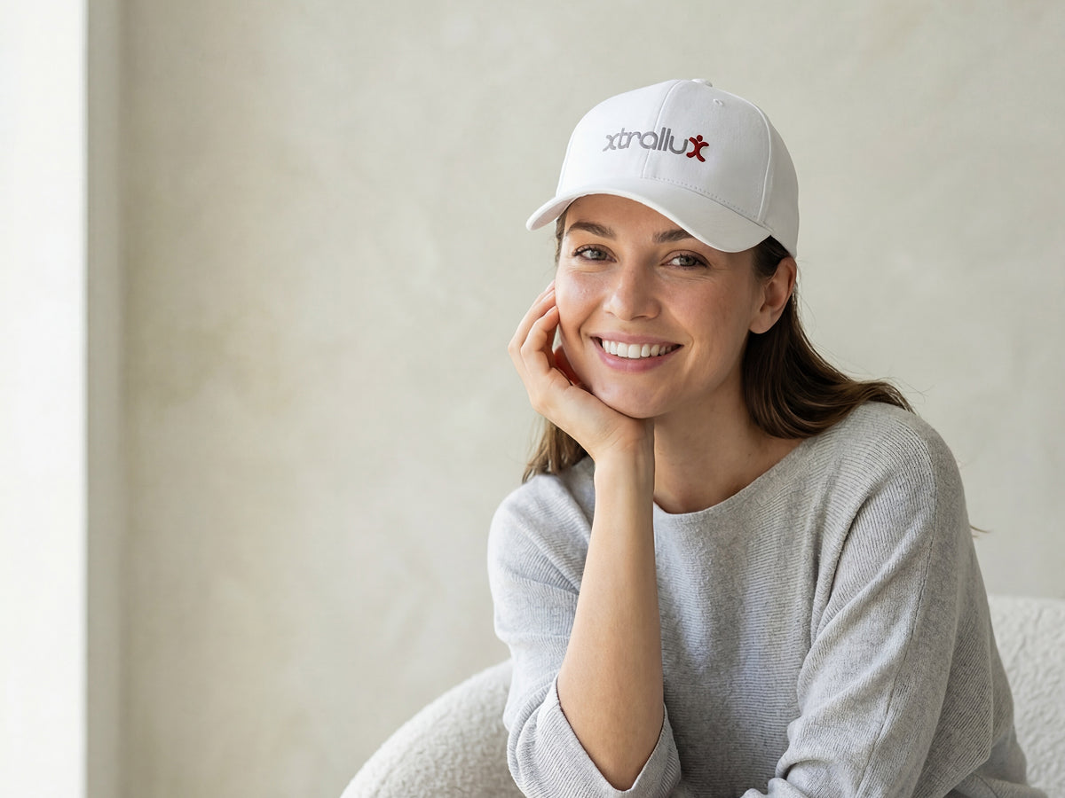 Smiling woman wearing Xtrallux laser cap