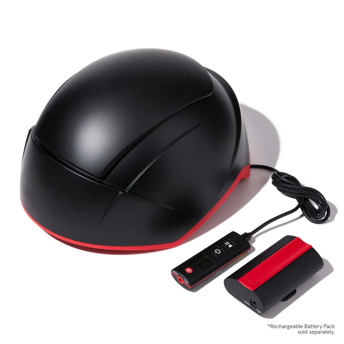 Black and red helmet with a rechargeable battery pack on a white background